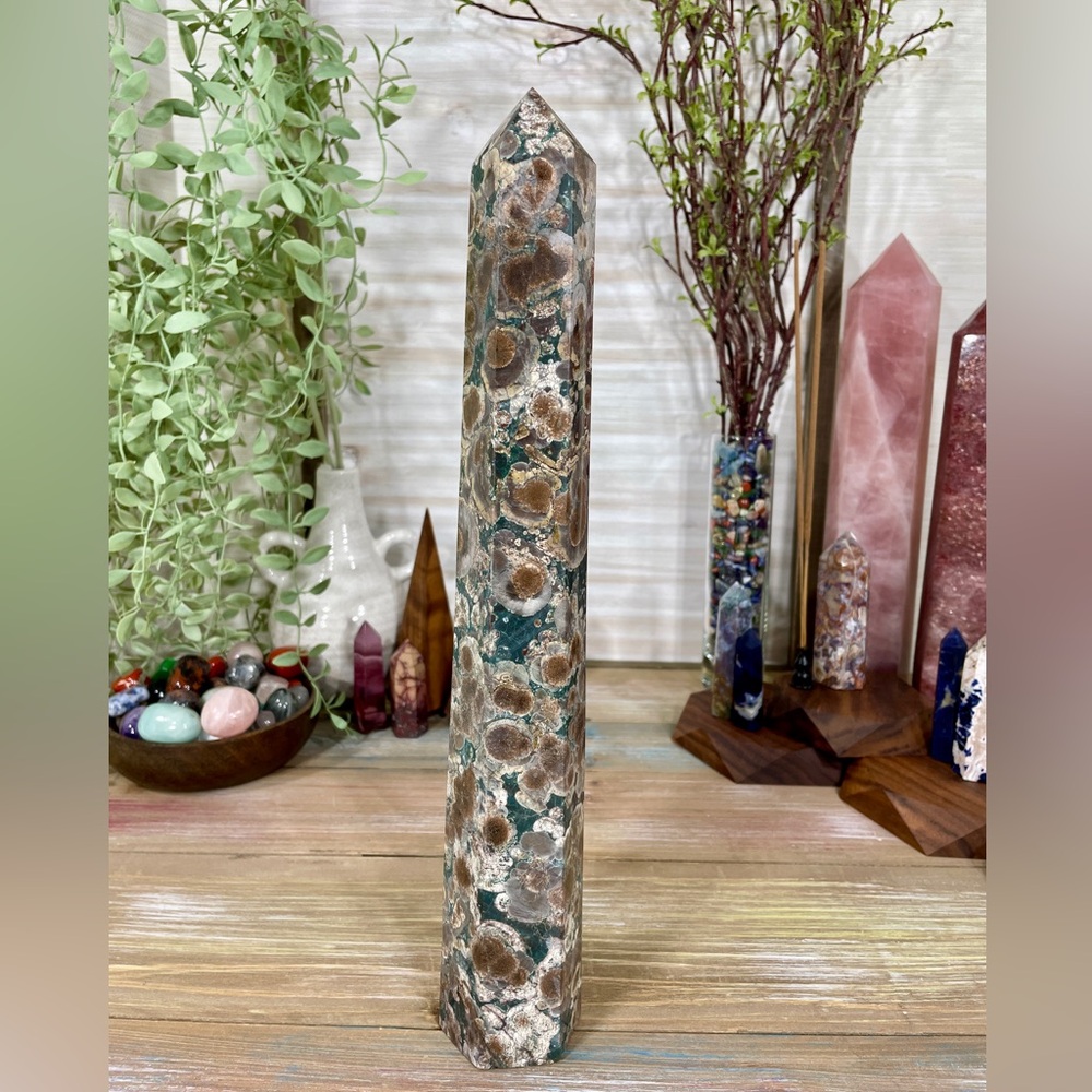 0756 HUGE Green Sakura Flower Agate Crystal Tower - 13 Inches Tall